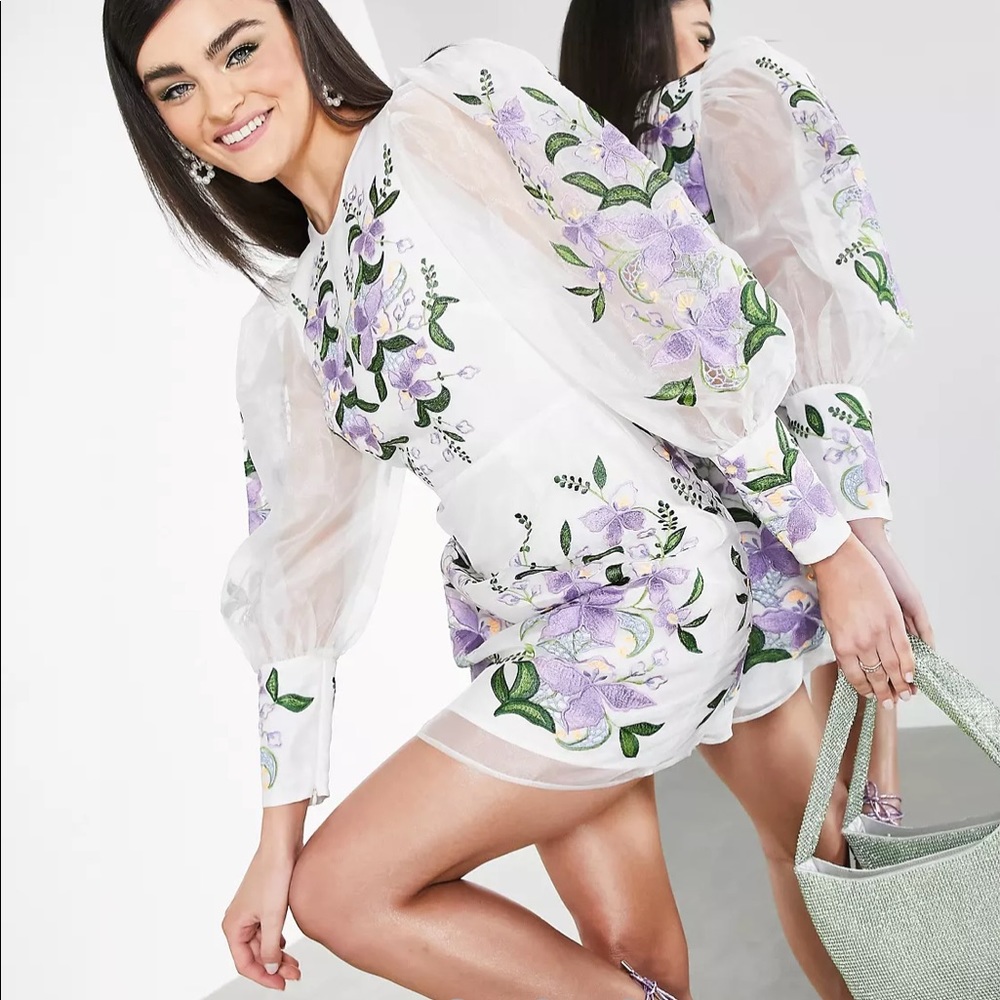 ASOS white floral puff sleeve mini dress
